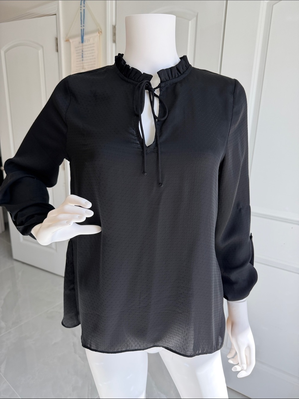 everleigh Black Tie-Neck Ruffle Blouse